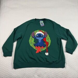Disney Stitch Christmas Wreath Green Crewneck Sweatshirt Women's‎ 2X Long Sleeve